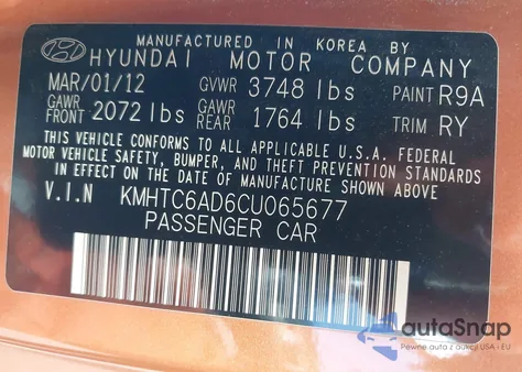 2012 Hyundai Veloster Base W/Black z USA, uszkodzony, nr VIN KMHTC6AD6CU065677